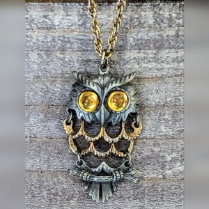 Vintage Goldtone/Pewter Owl With Amber Eyes On Gold Chain Necklace